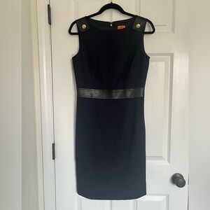 Tory Burch Navy Blue Gold Button Wool Blend Sleeveless Sheath Dress